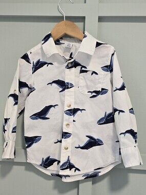 Boys White Whale Print Button-Up Shirt 3T